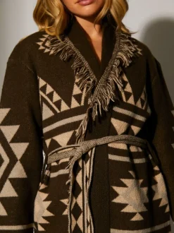 Bruin - South Beach Jacquard Wasit Tie Knitted Fringe Cardigan