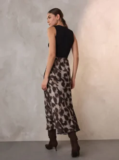 Bruin met dierenprint - Satijnen midirok