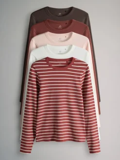Bruin/Roze/Wit/Strepen - The Set van 5 geribbelde T-shirts met lange mouwen