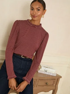 Burgundy Red And Beige Stripe - Love & Roses jersey top met ruches aan de hals en lange mouwen