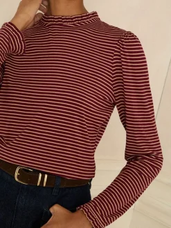 Burgundy Red And Beige Stripe - Love & Roses jersey top met ruches aan de hals en lange mouwen
