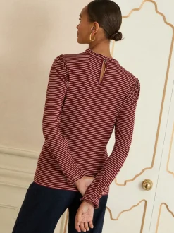 Burgundy Red And Beige Stripe - Love & Roses jersey top met ruches aan de hals en lange mouwen