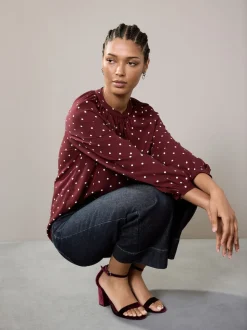 Burgundy Red Polka Dot - Blouse met V-hals en lange mouwen