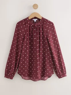 Burgundy Red Polka Dot - Blouse met V-hals en lange mouwen