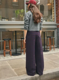 Burgundy Red/Navy Blue Check - Ruit Wijde pijpen Tailored Broeken