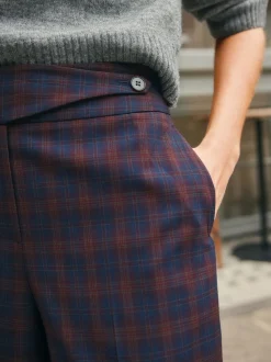 Burgundy Red/Navy Blue Check - Ruit Wijde pijpen Tailored Broeken