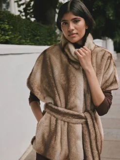Camel - Faux Fur Tie Waisted Gilet