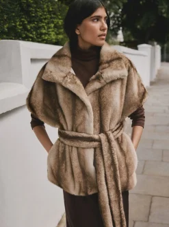 Camel - Faux Fur Tie Waisted Gilet