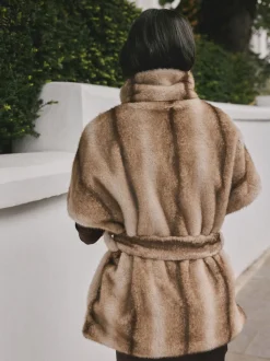 Camel - Faux Fur Tie Waisted Gilet