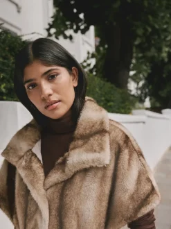Camel - Faux Fur Tie Waisted Gilet