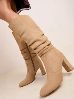 Camel - Friends Like These Ruched Block Heel Knee High Long Faux Suede Boots