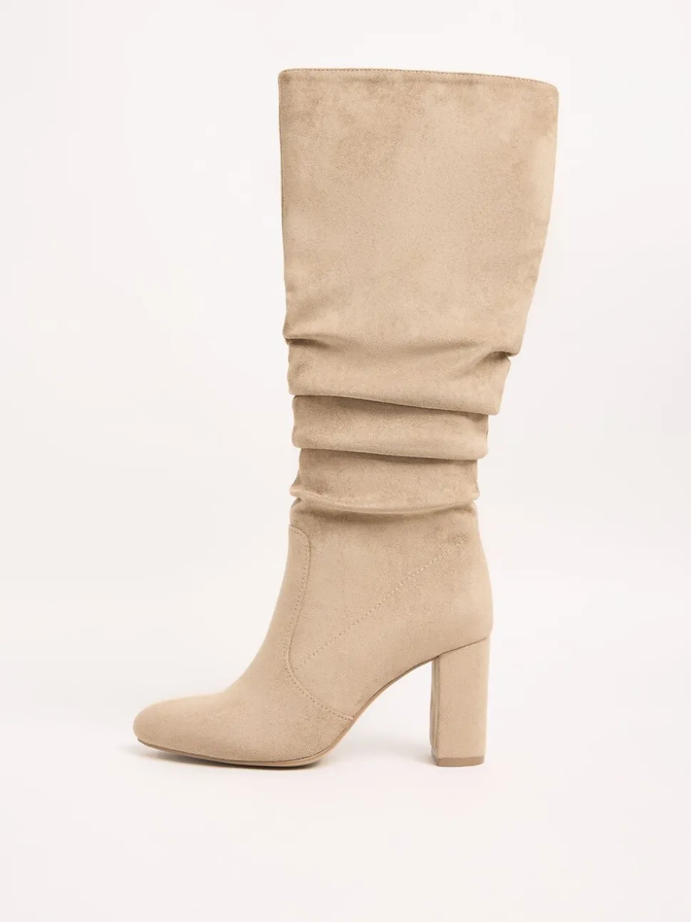 Camel - Friends Like These Ruched Block Heel Knee High Long Faux Suede Boots