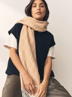 Camel - Premium Made in Italy Jacquard Monogram 100% Wool Midweight Scarf