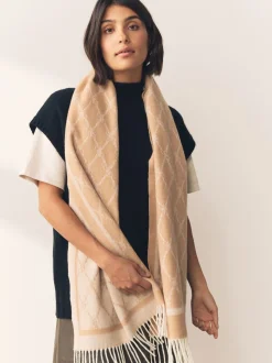 Camel - Premium Made in Italy Jacquard Monogram 100% Wool Midweight Scarf