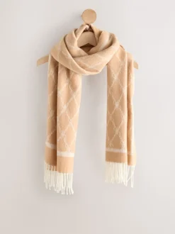 Camel - Premium Made in Italy Jacquard Monogram 100% Wool Midweight Scarf