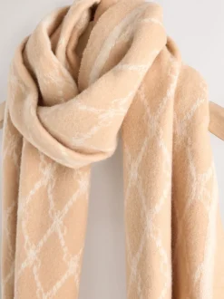 Camel - Premium Made in Italy Jacquard Monogram 100% Wool Midweight Scarf