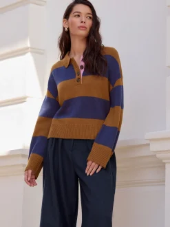 Camel Brown/Blue Stripe - 100% Wool N.Premium Polo Jumper
