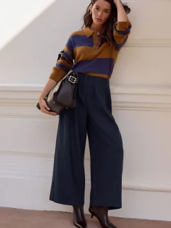 Camel Brown/Blue Stripe - 100% Wool N.Premium Polo Jumper