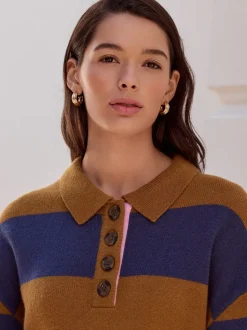 Camel Brown/Blue Stripe - 100% Wool N.Premium Polo Jumper