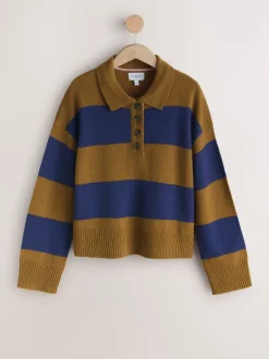 Camel Brown/Blue Stripe - 100% Wool N.Premium Polo Jumper