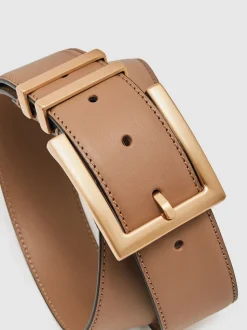 Camel/taupe - Reiss Brompton leren riem met vierkante gesp