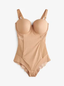Caramel-nude - DD+ kanten tummy control body met lichte vulling