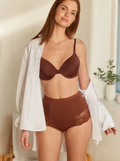 Caramel-nude - Verpakking van 2 Braziliaanse slipjes met kanten achterkant en buikcorrigerend effect en print