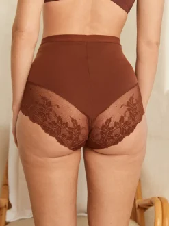 Caramel-nude - Verpakking van 2 Braziliaanse slipjes met kanten achterkant en buikcorrigerend effect en print