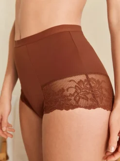 Caramel-nude - Verpakking van 2 Braziliaanse slipjes met kanten achterkant en buikcorrigerend effect en print