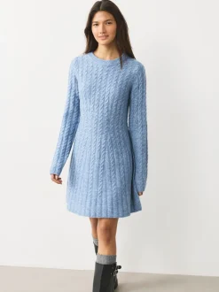 Chambray blauw - Mini-trui-jurk met kabelpatroon