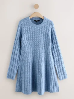 Chambray blauw - Mini-trui-jurk met kabelpatroon