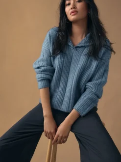 Chambray blauw - Ribbed Knit Jumper With Crochet Sailor Collar