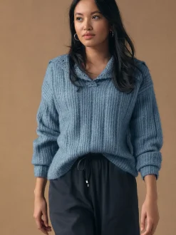 Chambray blauw - Ribbed Knit Jumper With Crochet Sailor Collar