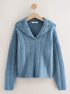 Chambray blauw - Ribbed Knit Jumper With Crochet Sailor Collar