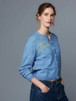 Chambray Blue Embellished - Gebreid vest met ronde hals