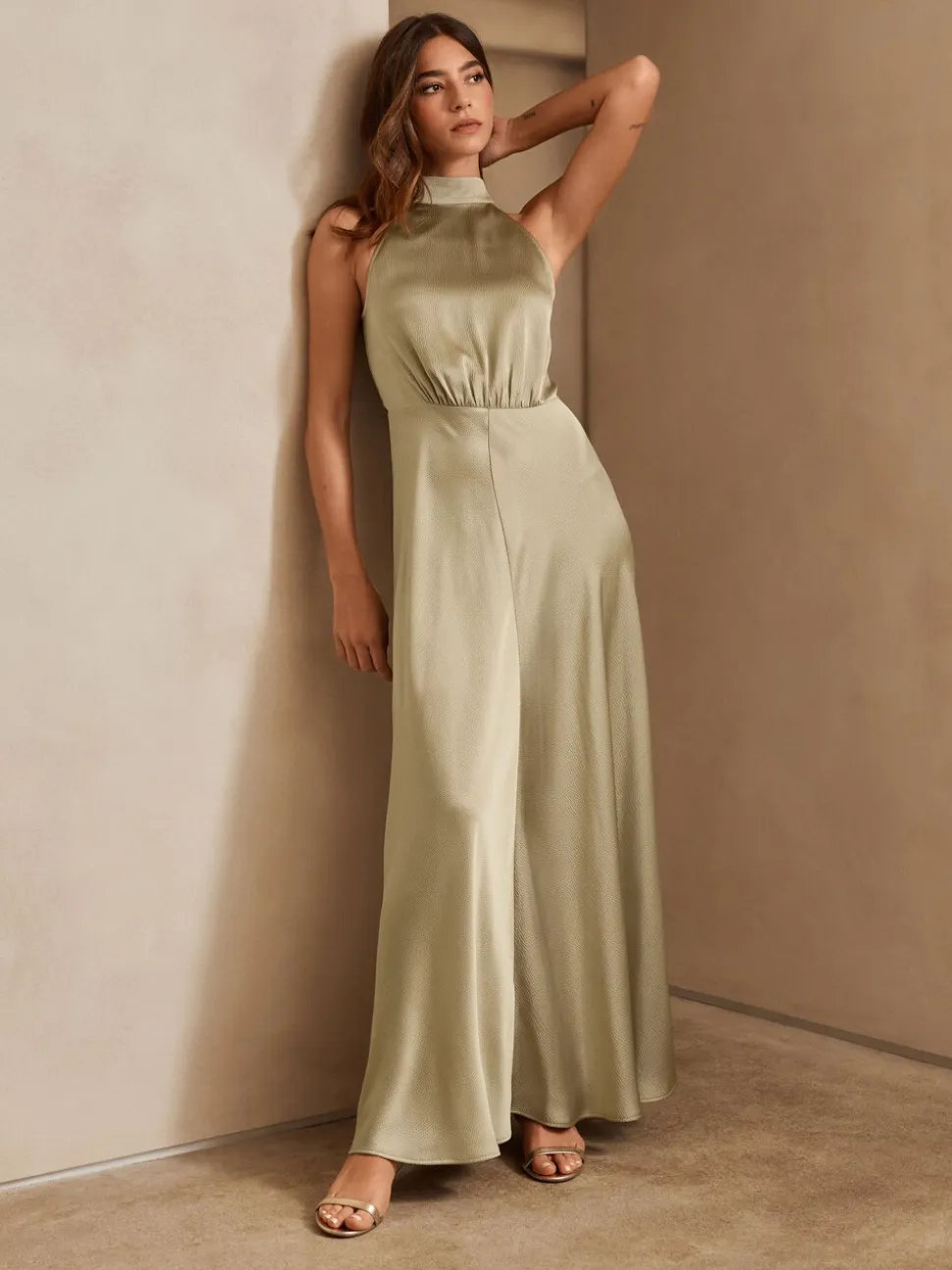 Champagne-goud - Satijnen halter mouwloze midi-jurk met textuur