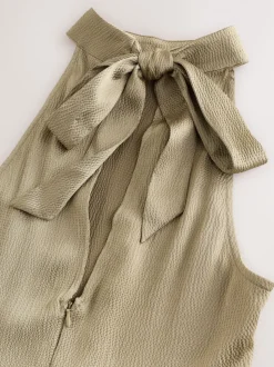 Champagne-goud - Satijnen halter mouwloze midi-jurk met textuur