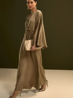 Champagne-goud - Twist Front Long Sleeve Satin Maxi Dress