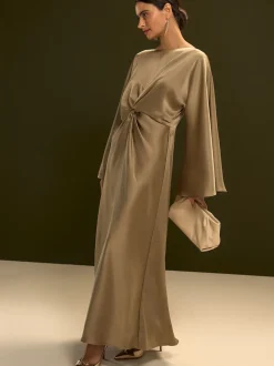 Champagne-goud - Twist Front Long Sleeve Satin Maxi Dress
