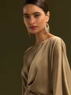 Champagne-goud - Twist Front Long Sleeve Satin Maxi Dress