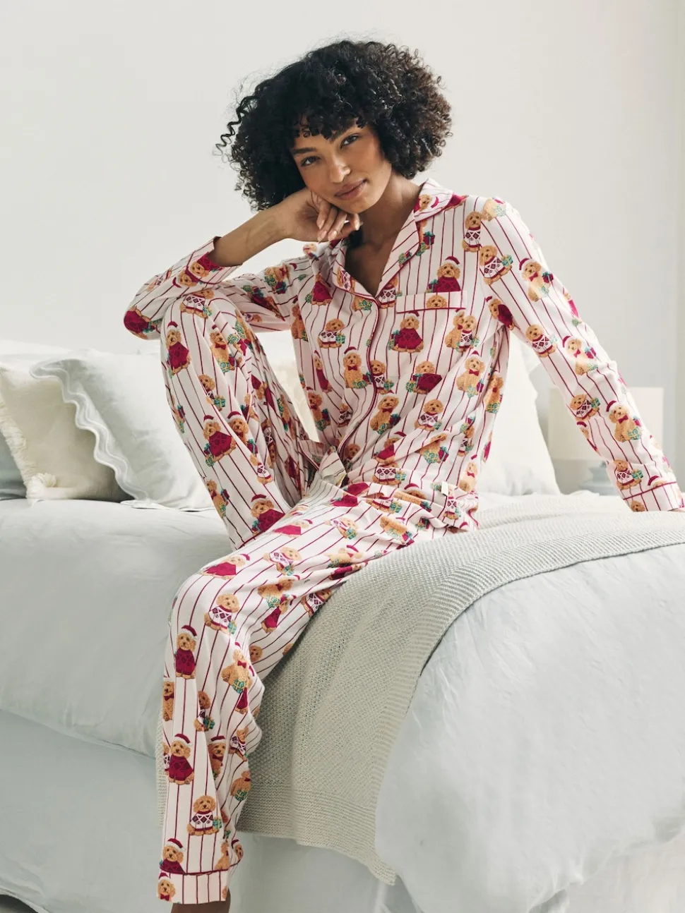 Chelsea Peers Cotton Chip the Christmas Cockapoo Dog Print Long Pyjamas Set