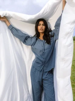 Chelsea Peers Cotton Gingham Check Long Pyjamas & Scrunchie Set