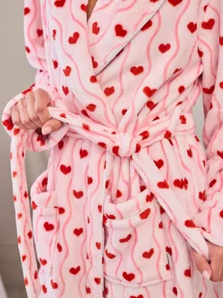 Chelsea Peers Fleece Wavy Stripe Heart Print Long Dressing Gown