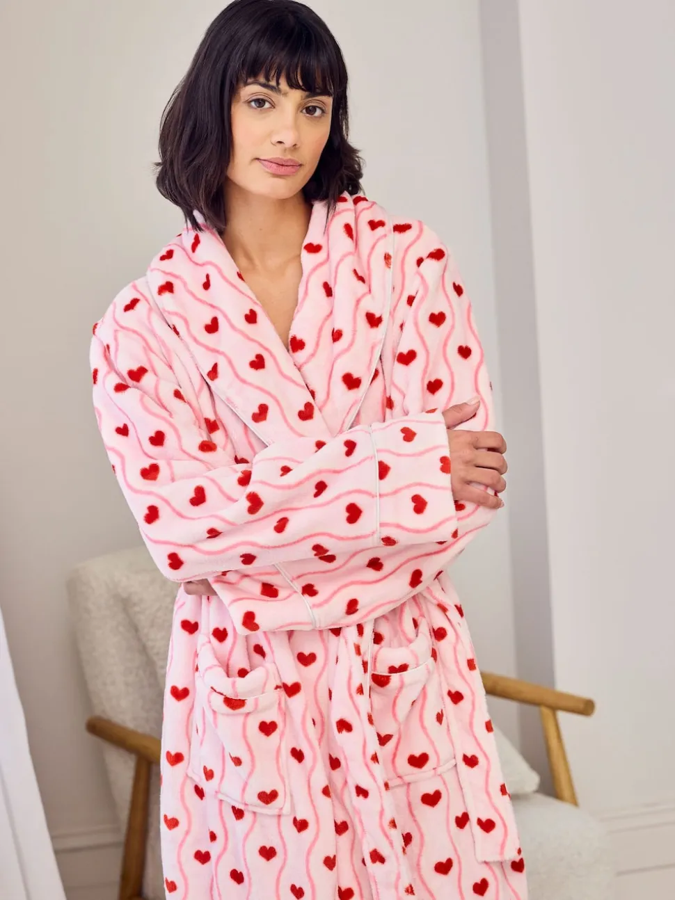 Chelsea Peers Fleece Wavy Stripe Heart Print Long Dressing Gown