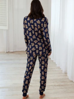 Chelsea Peers Lange pyjamaset met cockapoo-print en ronde hals