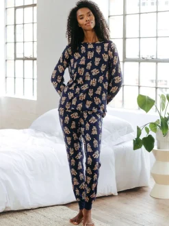 Chelsea Peers Lange pyjamaset met cockapoo-print en ronde hals