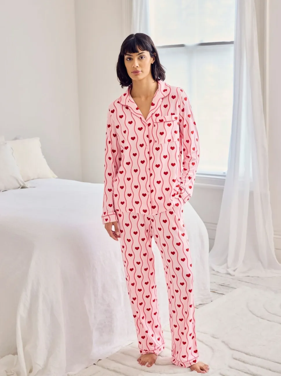 Chelsea Peers Wavy Stripe Heart Print Long Pyjamas Set