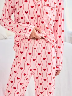Chelsea Peers Wavy Stripe Heart Print Long Pyjamas Set