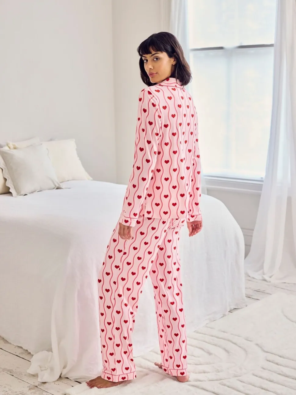 Chelsea Peers Wavy Stripe Heart Print Long Pyjamas Set