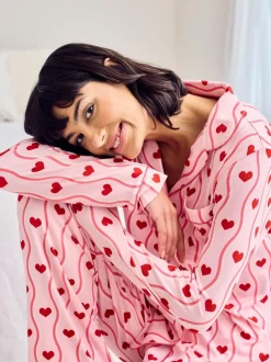 Chelsea Peers Wavy Stripe Heart Print Long Pyjamas Set